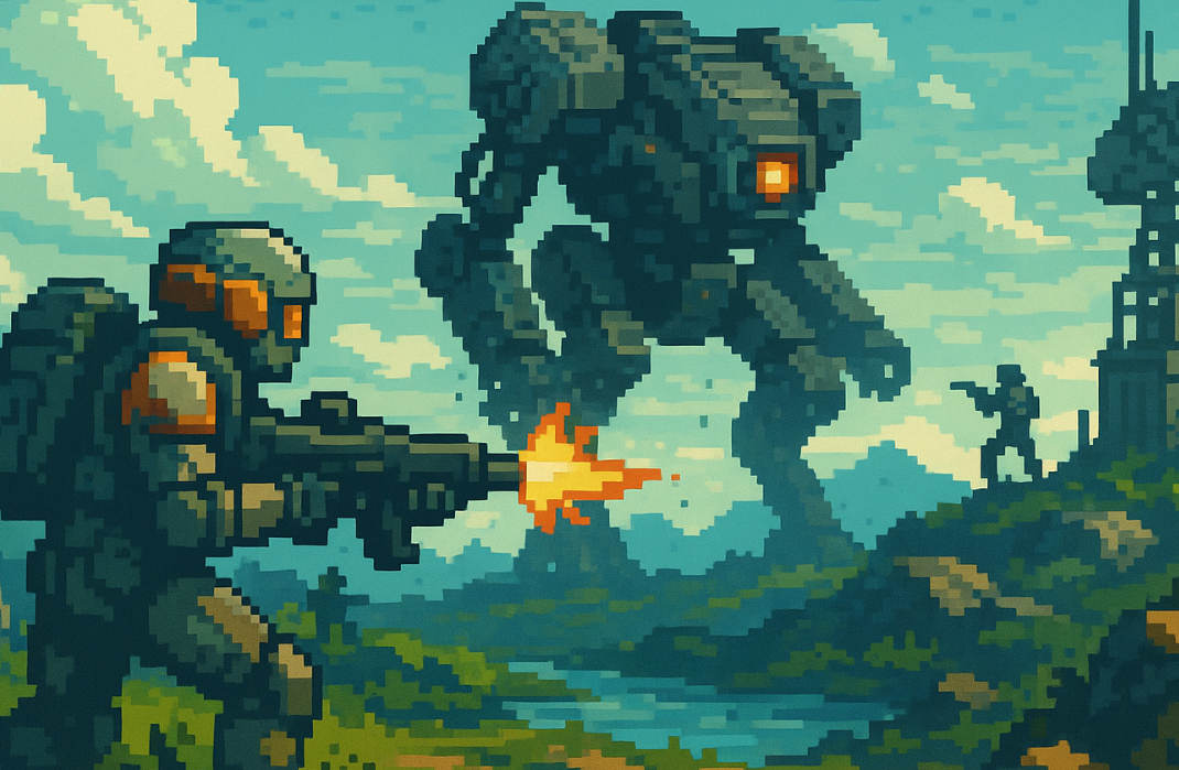 A squad of futuristic soldiers battling giant robot mechs in a desolate sci-fi landscape.