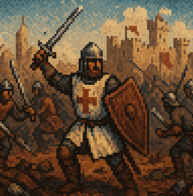 A chaotic medieval battle scene with cavalry charging and soldiers clashing.