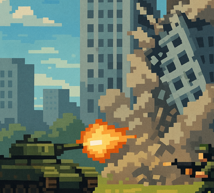 A soldier in futuristic gear looking over a war-torn city at sunset.