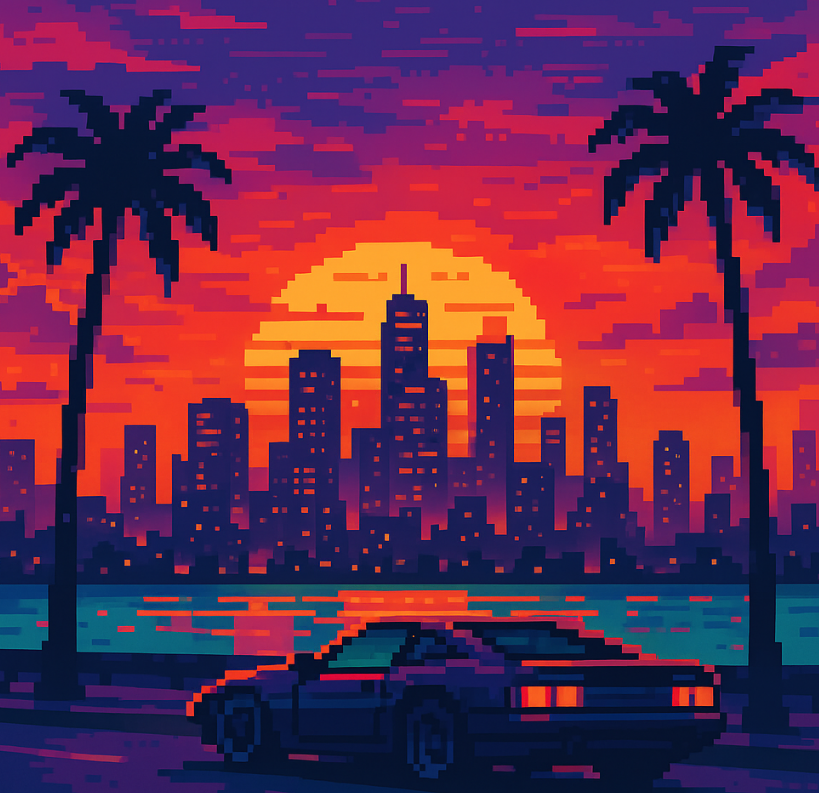 A neon-lit city street at night, reminiscent of a modern urban landscape in a video game.