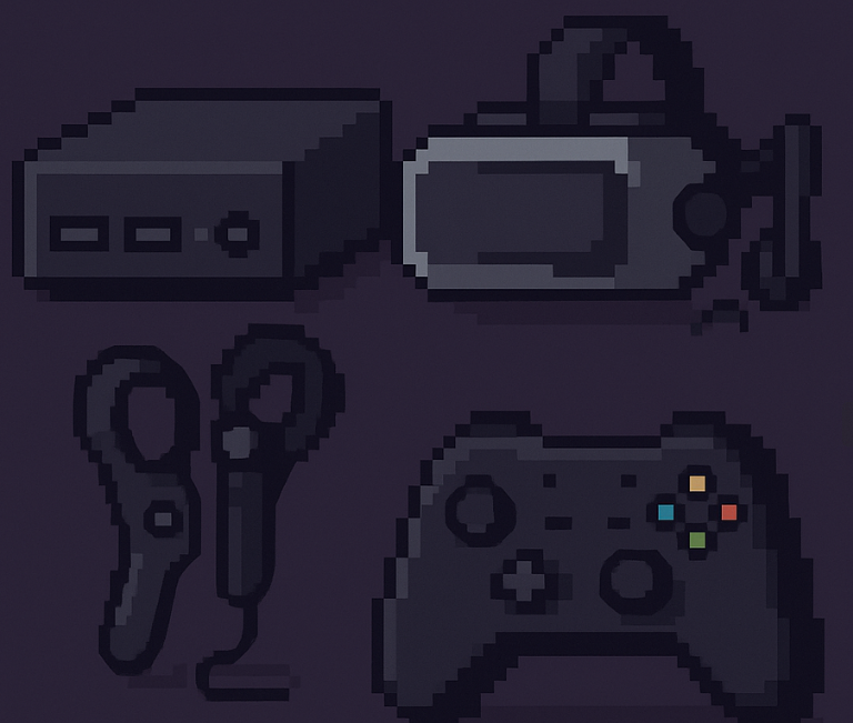 A sleek, modern gaming console, VR headset, and controller arranged on a minimalist background.