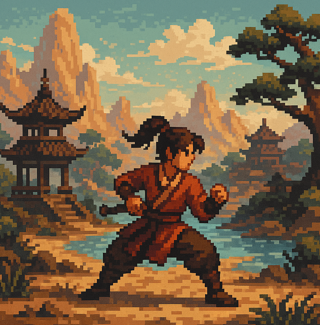 A warrior in traditional wuxia attire stands on a rooftop overlooking a vast, mist-covered mountain range.